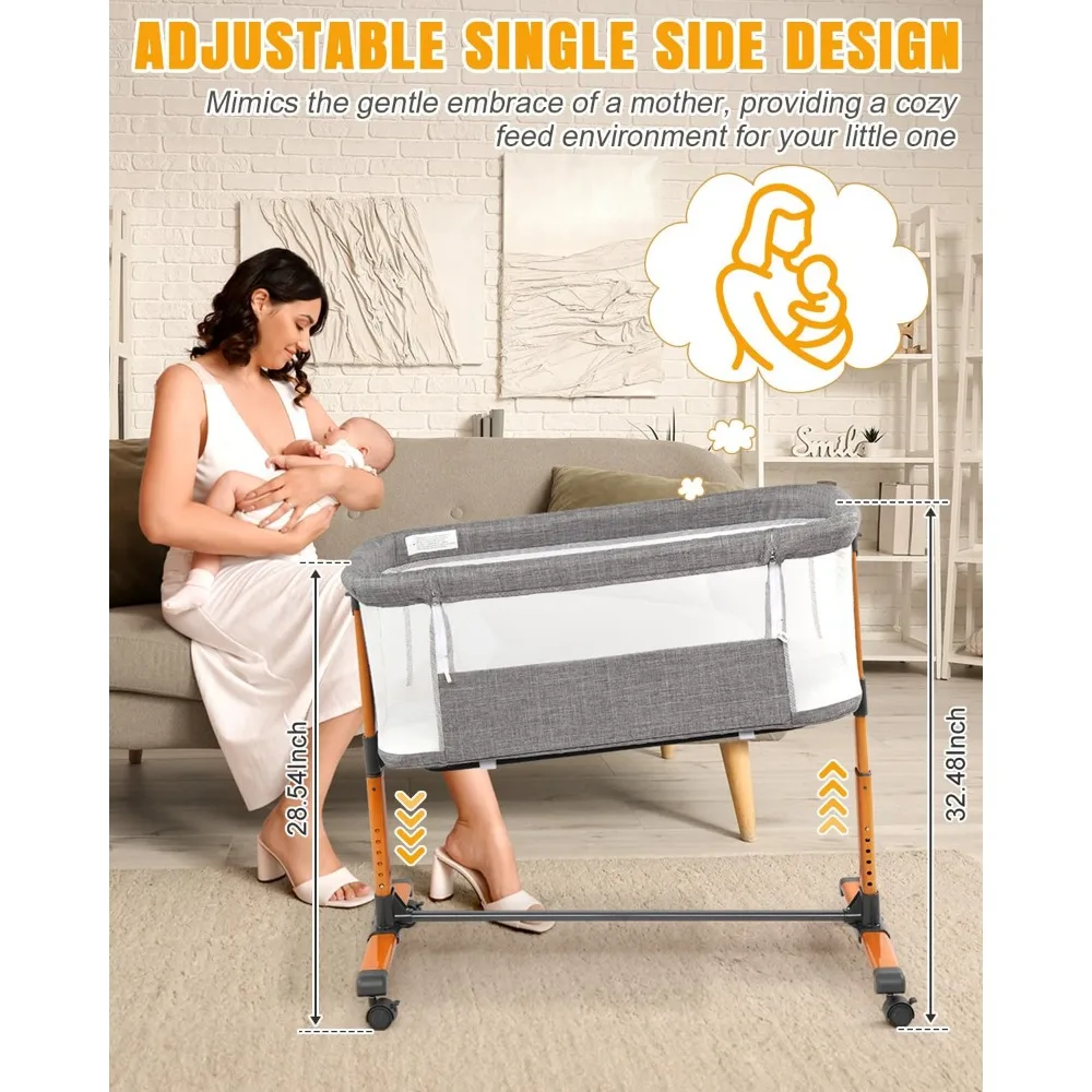 Baby Bassinet Bedside Bassinet, Baby Cradle with Machine-Washable Sheets, Four-Sided Breathable Mesh, 6 Height Adjustable 5