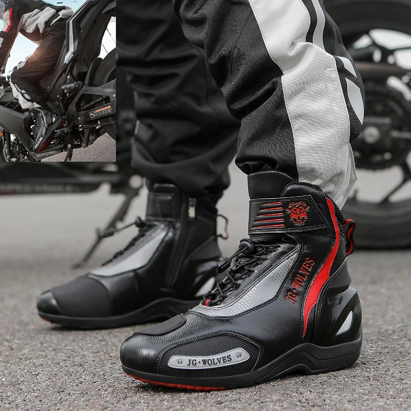 Men's Motorcycle Boots Leather Wear-Resistant Rubber Anti Slip Motos Protective Riding Anti-fall Shoes