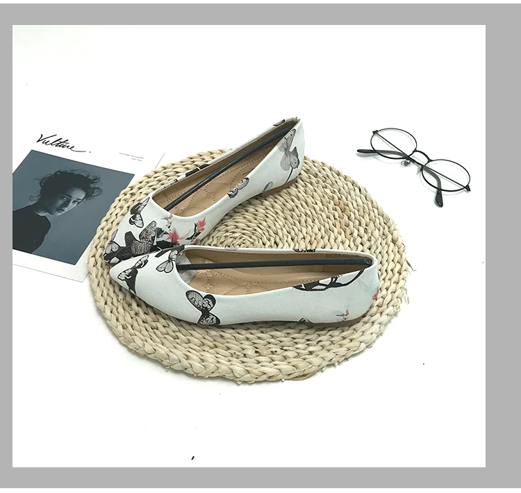 Flats for Women with Butterfly Flower Print Pointy Head Lady Casual Shoes Daily Loafers Slip on Zapatos De Mujer Lolita Shoes