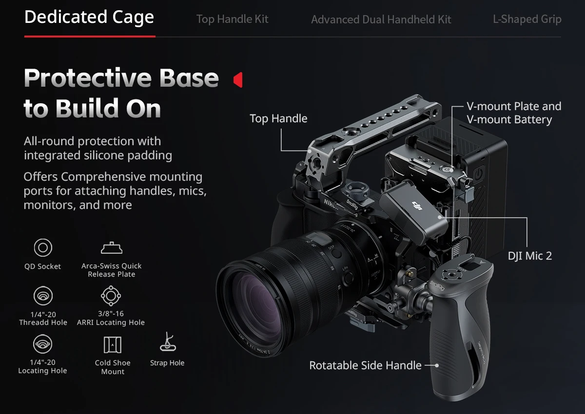 ZR Camera Cage for Nikon ZR, w Cable Clamp Silicone Handle Built-in Arca-Swiss Q
