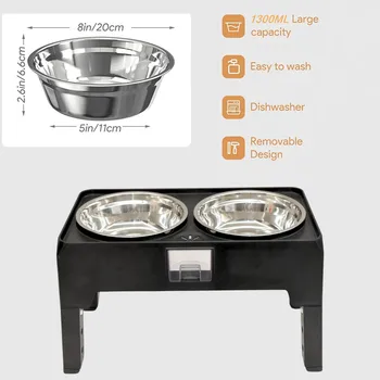Elevated Pet Feeder Stand With Stainless Steel Double Bowls, 4 Height Adjustable Non-slip Raised Dog & Cat Feeder Bowls Set With 3