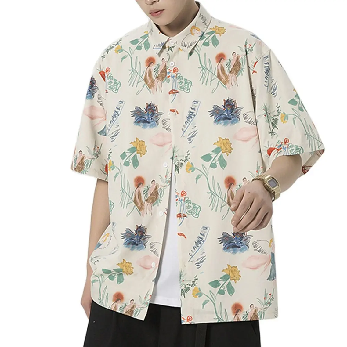 

Brand Men Summer Hawaiian Blossom Shirt Men's Short Sleeve Loose Vintage High End Beach Floral Shirt Male