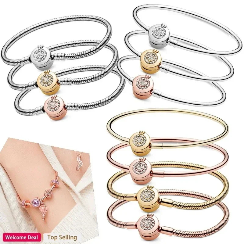 

Women's Hot Selling 925 Silver Shiny Princess Crown Letter O Sign Snake Bone Bracelet Suitable For Original Charm DIY Jewelry