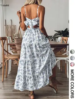 Women's Floral Print Strap Dress Casual Gathered Edge Decorated Skirt Suitable for Casual Daily Wear Ladies Dress