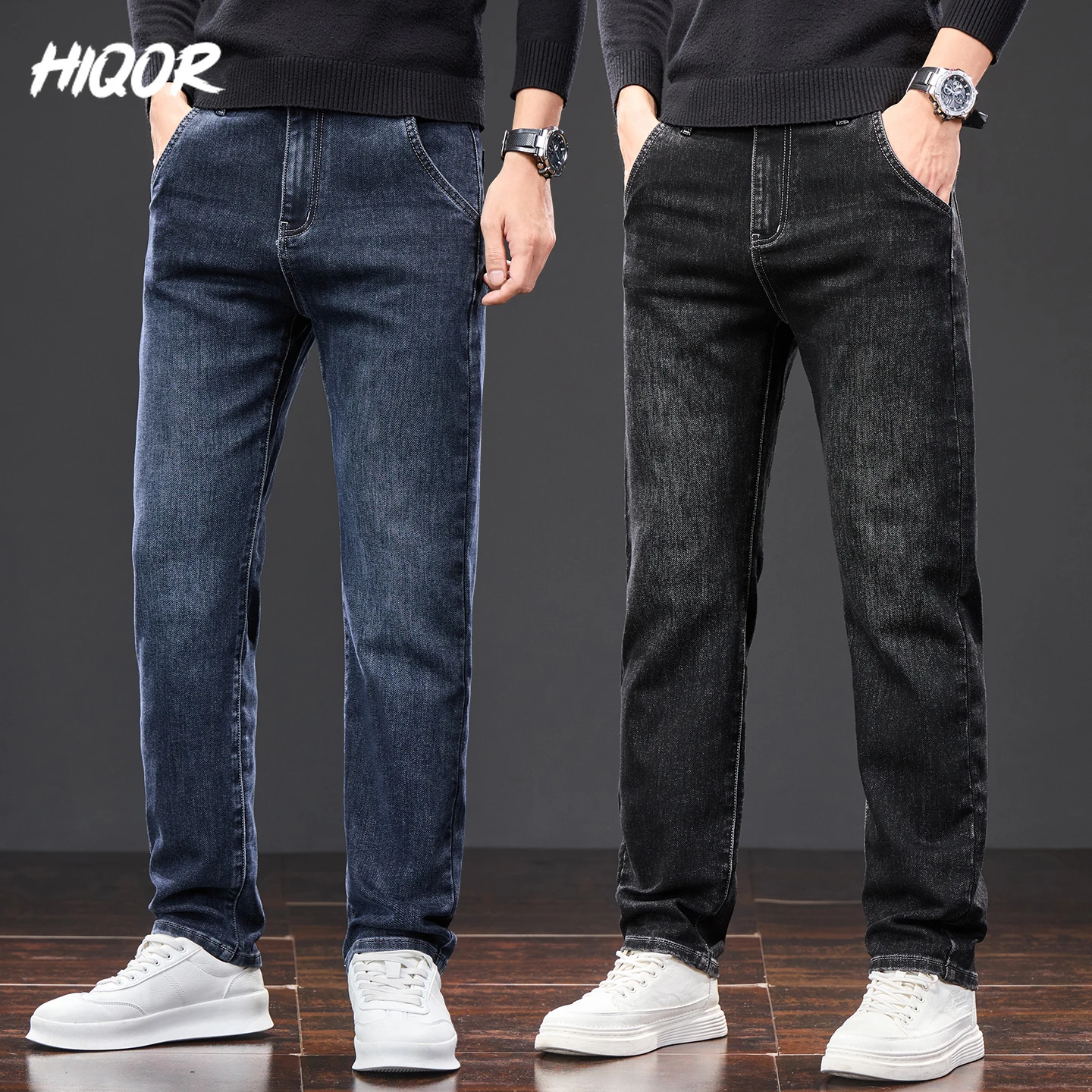 HIQOR New In Korean Men's Casual Long Jeans Classic Man Straight Denim Wide-leg Pants Solid Baggy Trousers Fashion Business Jean