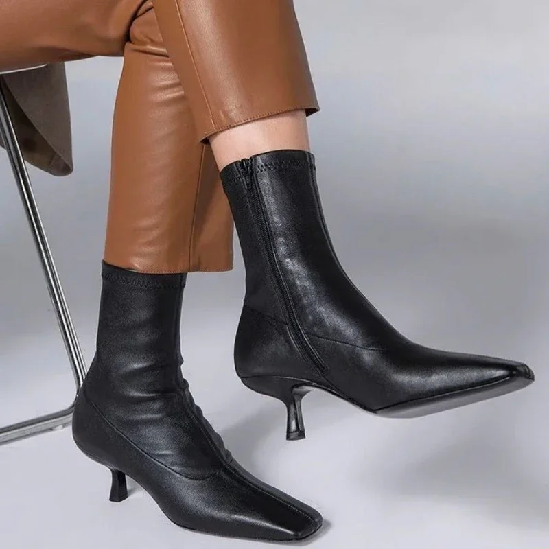 

5.5cm Kitten Heel Side Zipper Elastic Sheepskin Ankle Boots Shoes for Women