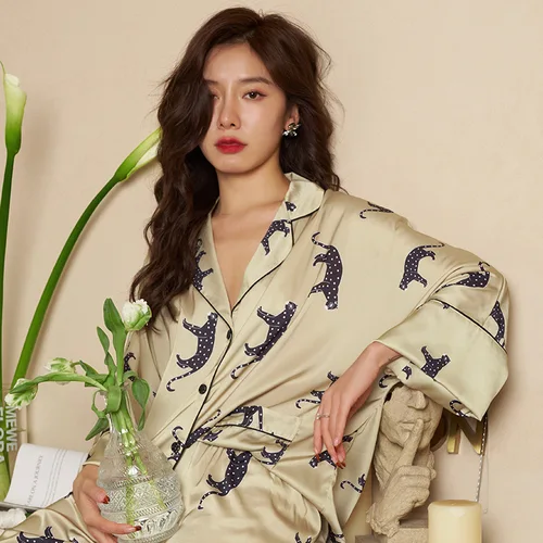 럭셔리 여성 홈웨어 실크 프린트 긴 소매 파자마 세트 2 피스 바지 여름 봄 새틴 파자마 여성용 2023, 숙녀용 잠옷 파자마 2