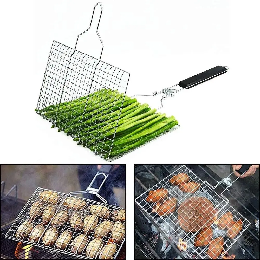 New Stainless Steel BBQ Mesh Non Stick Fold Grill Mesh Mat With Handle Barbecue Tool Steak