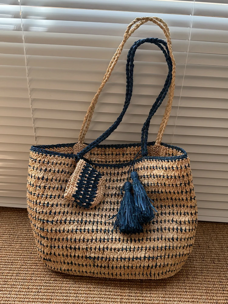 Handwoven Rattan Crossbody Anti-Scratch Coating Grocery Bag Stylish Shoulder Purse Lightweight Picnic Tote Large 2025 Spring