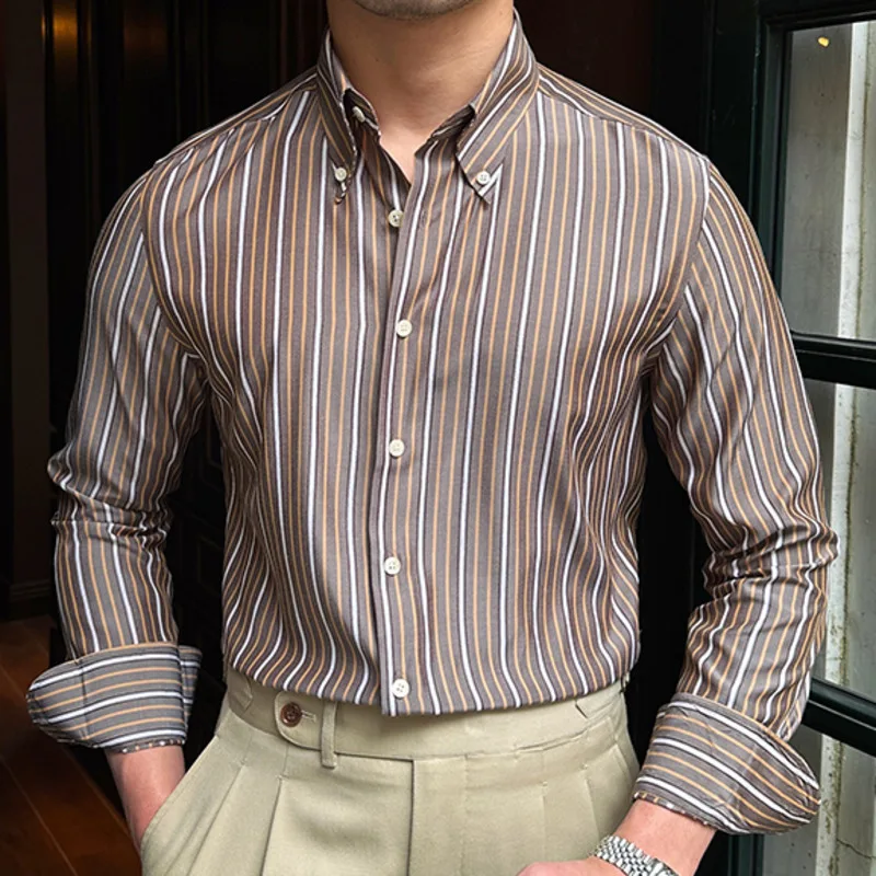 

Casual Color Contrast Stripe Shirt Dress Camisa Masculina Social Italian 2023 British Style Men Long Sleeve Striped Shirt