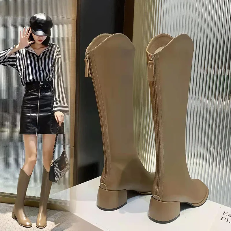 Brand New Ladies Platform Black Boots Fashion Chunky Med Heels Knee High Boots Women Casual Party Shoes Woman Thigh High Boots