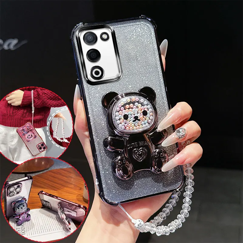 Shockproof Phone Case with 3D Bear Stand & Glitter Chain Lanyard