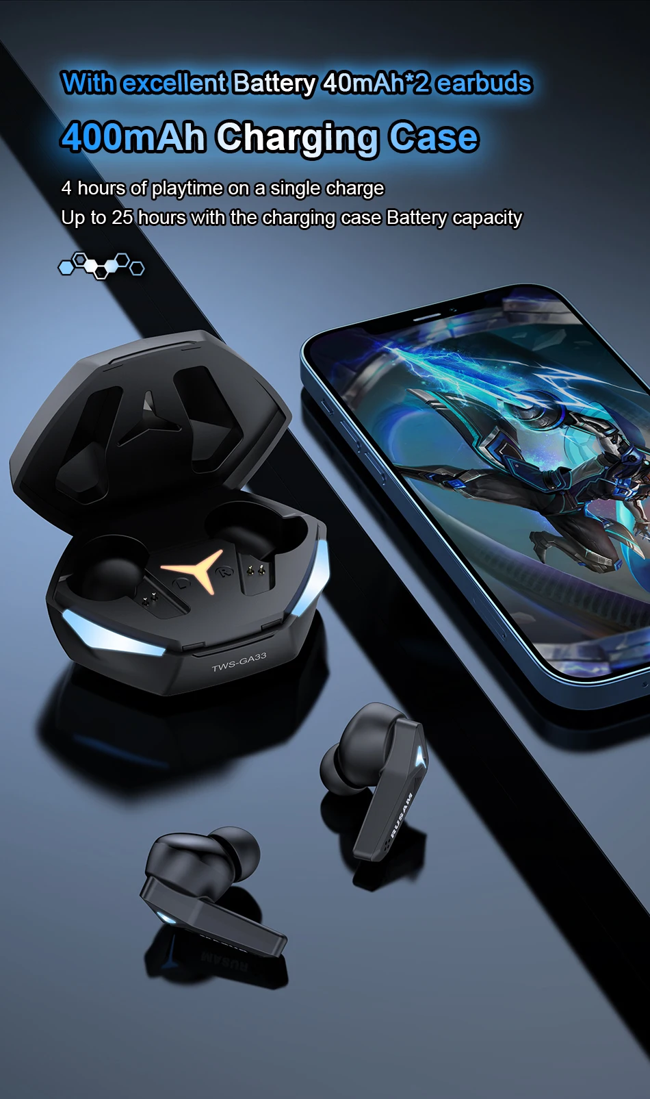 wireless earbuds RUSAM GA33 Gamer Headset Low Latency Bluetooth Headphones TWS Wireless Bass Touch Control Earbuds HD Noise Cancellation Earphone best gaming headphones