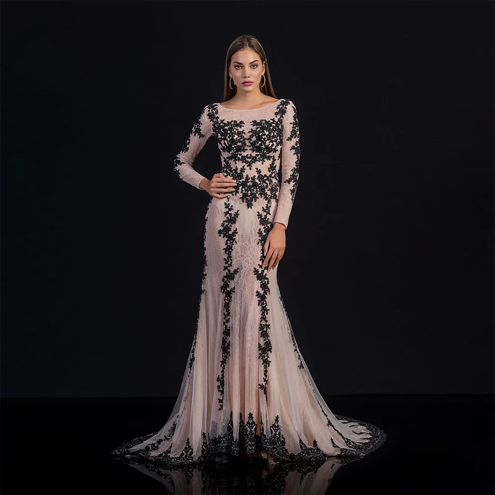 

Elegant Aline Evening Dresses Jewel Long Sleeves Appliqued Lace Beaded Sweep Train Ruched Custom Made Formal Party