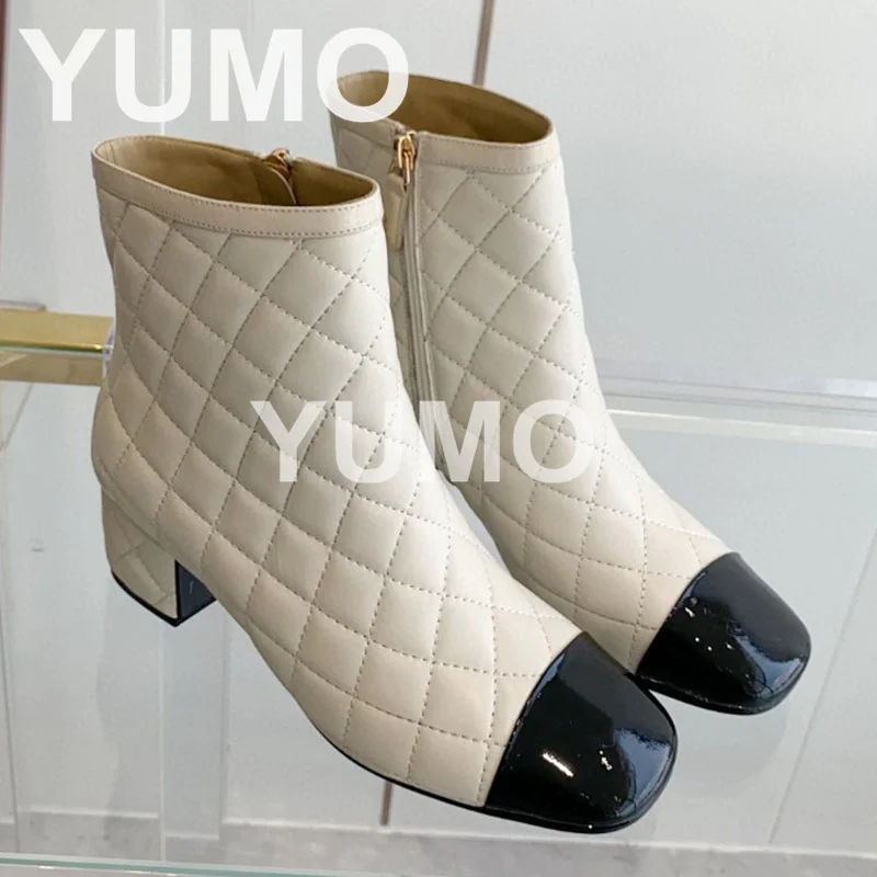 

Ботинки женские короткие с квадратным носком, модные простроченные полусапожки на массивном среднем каблуке, с молнией сбоку, Осень-зима