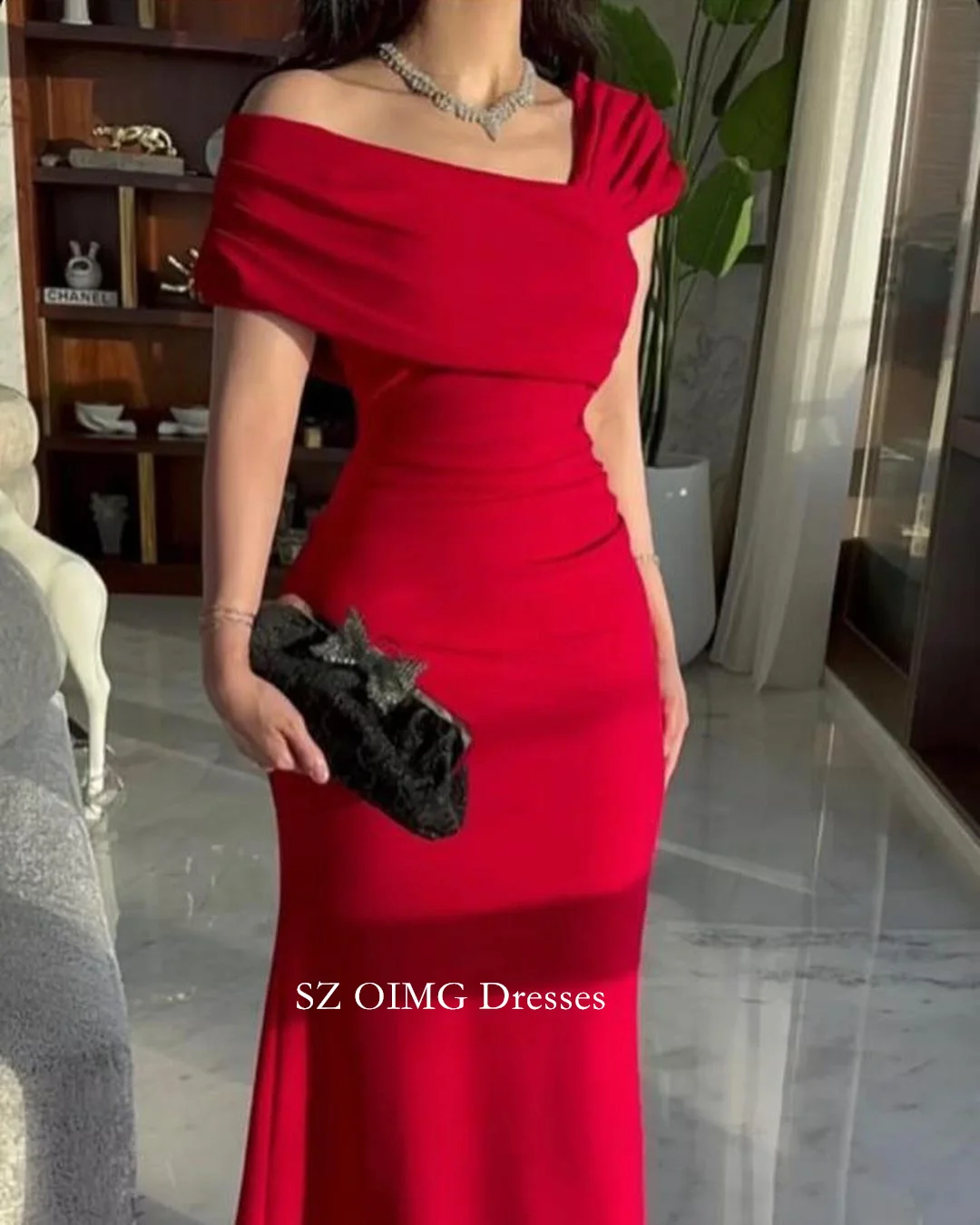 

OIMG Irregular Women Sexy Vintage Red Mermaid Prom Dresses Crepe Satin Short Sleeve Simple Evening Gowns 2023 Formal Party Dress