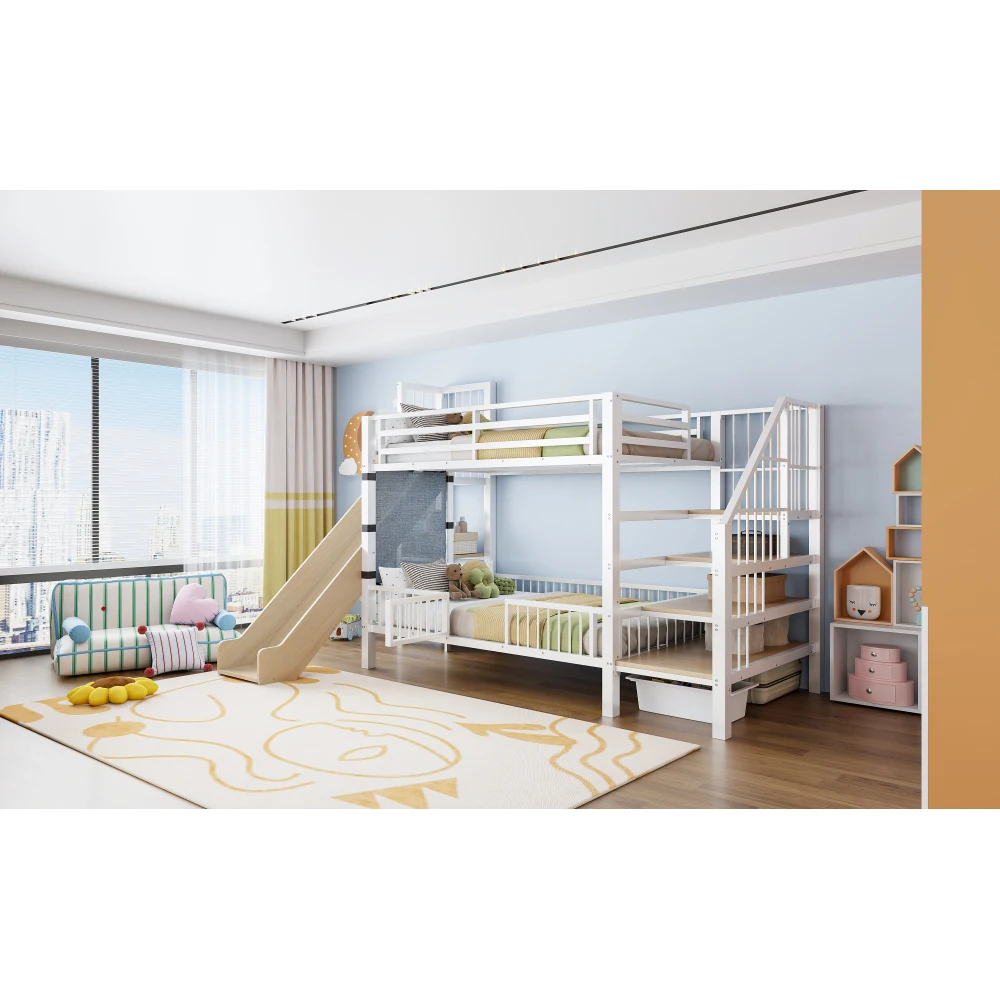90*200cm Metal Bed for Children, with Slide and Storage Staircase, Bunk Bed with Protective Lattice Door, Integrated Shelves