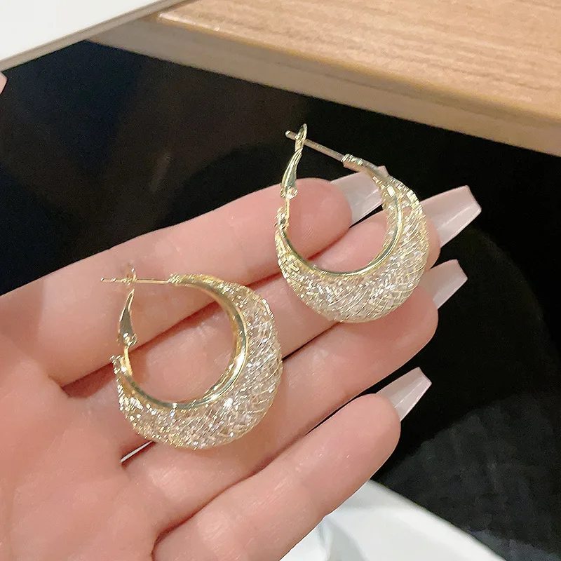 Stud Earrings New Fashion Trend Unique Design Elegant Exquisite Light Luxury Mesh Zircon Earrings Female Jewelry Party Premium Gift