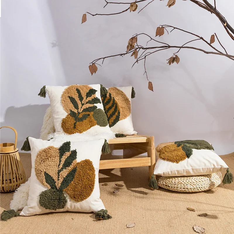 

Retro Leaves Style Embroidered Pillowcase Cushion Cover Casual Cotton Tufting Case Sofa Bedroom Decor 45x45cm With Tassel