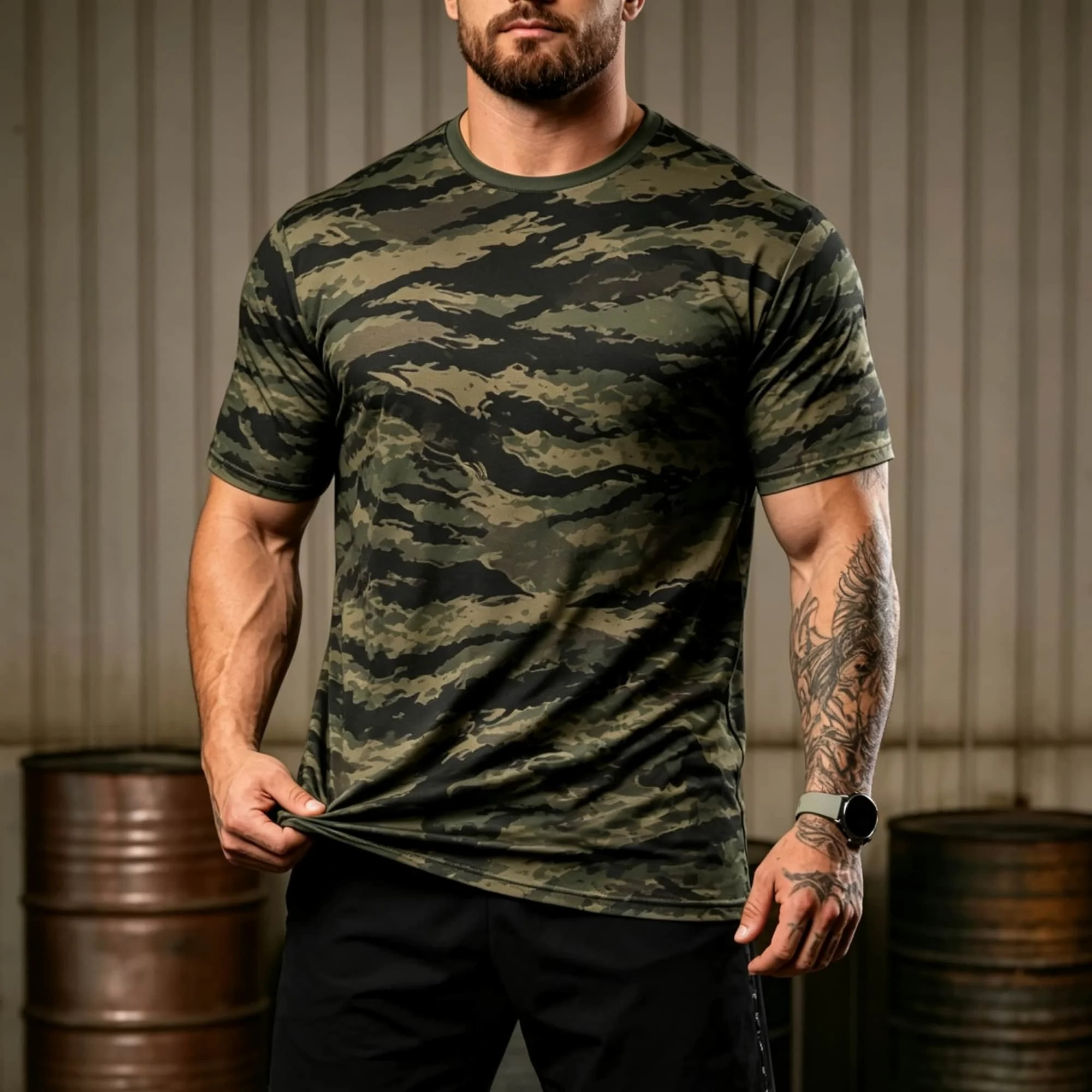 Herren Tigerstreifen Camo Kurzarm-T-Shirt Schnelltrocknend Dehnbares Sportshirt Militär-Camouflage Fitness-Workout-Training Sport-Oberteil