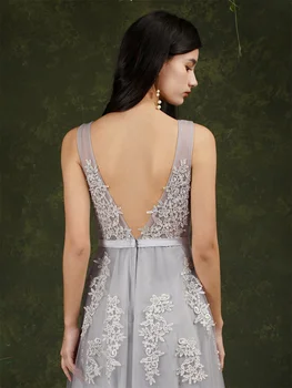 فساتين من التول الفضي الناعم ، مزخرفة أنيقة ، مطرز برقبة على شكل حرف V ، فساتين حفلات رسمية طويلة للعروس ، فستان سهرة ، 4
