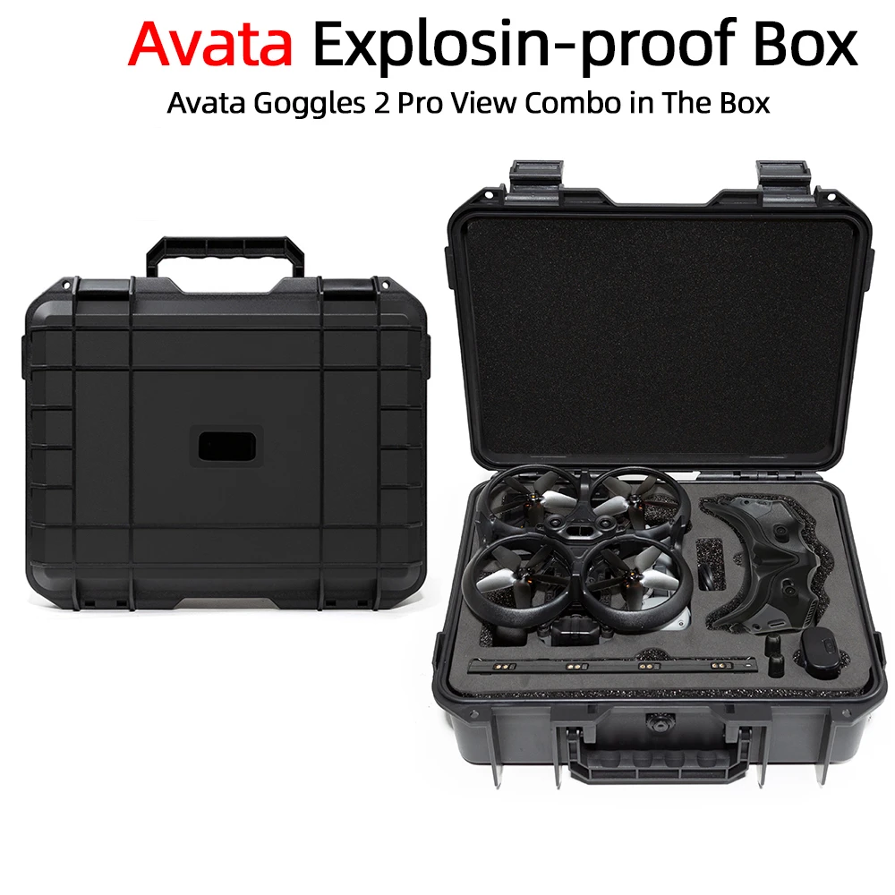 Étui anti-explosion pour Drone DJI Avata 2 vu de côté, montrant son profil robuste et sa poignée ergonomique pour un transport sécurisé.