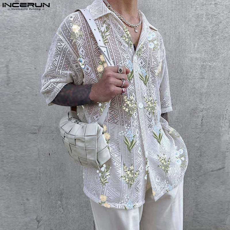 Men See Shirt INCERUN Men Shirt Mesh See Through Lapel Sexy Short Sleeve Lace Button Camisas Streetwear Party Nightclub Men Clothing 7