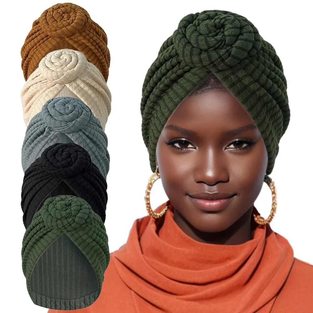 

African Women Cotton Knot Headwrap Bandana Turban Women Elegant Pleated Hair Scarf Muslim Headwear Ladies Head Wraps