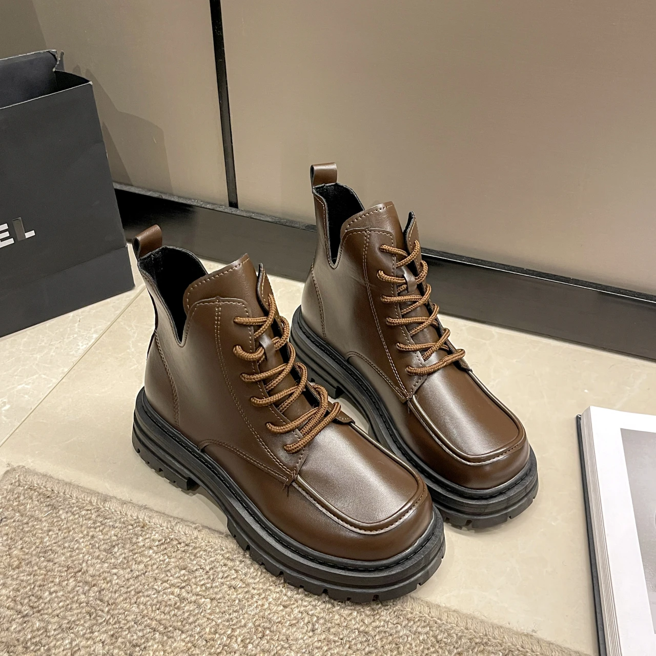 

Motorcycleankle Boots for Women Winter Square Toe Lace-up Comfortable Square Heel Platform Boots Punk Goth Ladies Shoes сапоги
