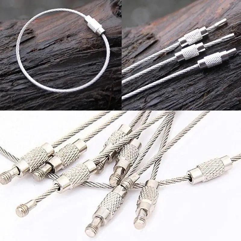 New 5PCS/10PCS Stainless Steel Keychain Tag Rope Wire Cable Loop Screw Lock Gadget Ring Key Keyring Circle Camp Rope Fittings