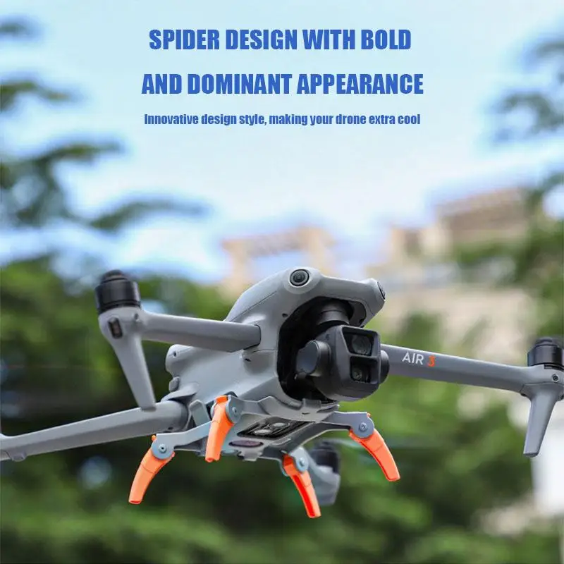 Drone DJI Mavic Air 3 posé sur une surface plane, équipé du rehausseur de caméra, trépied anti-collision et protection surélevant l'appareil.