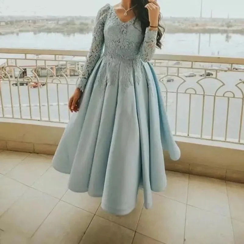 Light Blue Satin A-Line Tea Length Evening Dresses V-Neck Long Sleeves Lace Party Night Prom Gown Robe De Soiree For Women