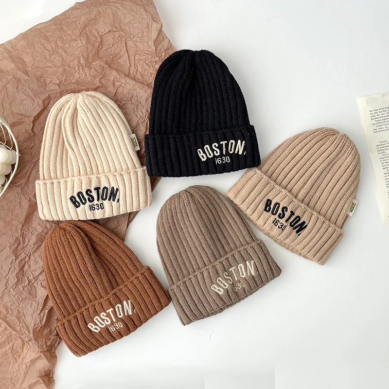 Autumn Winter Baby Embroidery Letter Knitting Caps Kid Boy Solid Warm Beanies Girl Children Fashion Casual Hat Infant Soft Caps knit hat baby hat