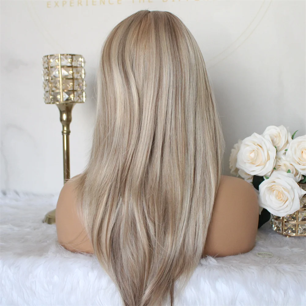 Highlight Brown Lace Wig with Bangs Synthetic Wigs for Women 16inches Natural Straight Machine Made Wig Daily Use