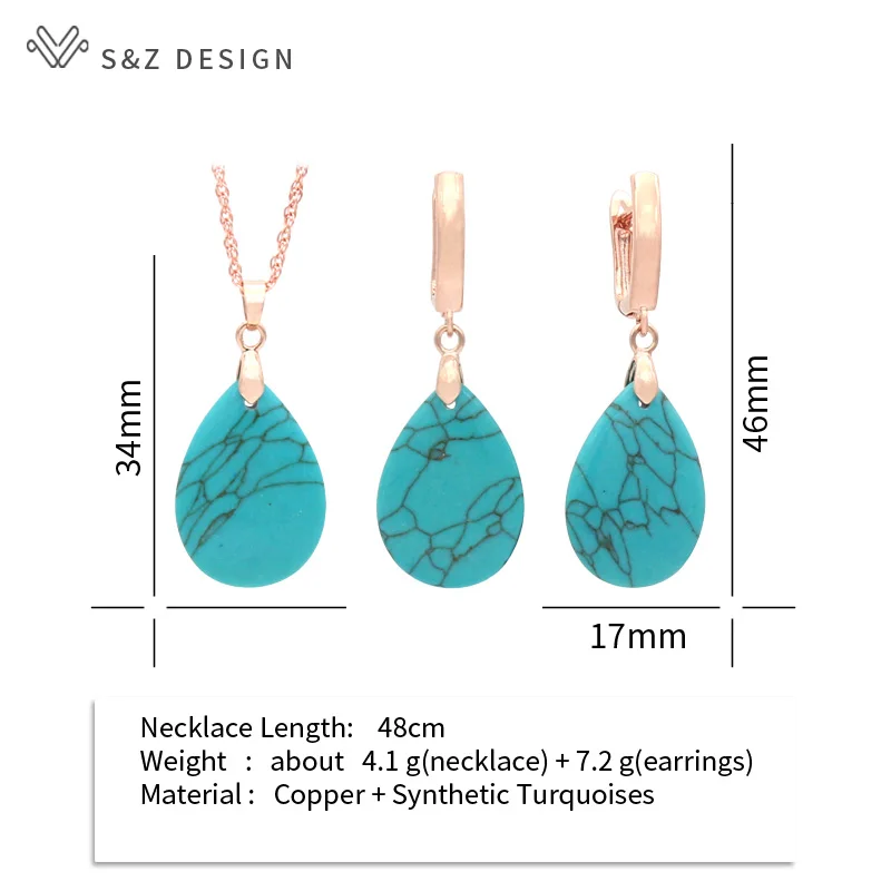 S&Z DESIGN Vintage Water Drop Synthetic Turquoises Dangle Earrings Jewelry Sets For Women Wedding 585 Rose Gold Color Necklace