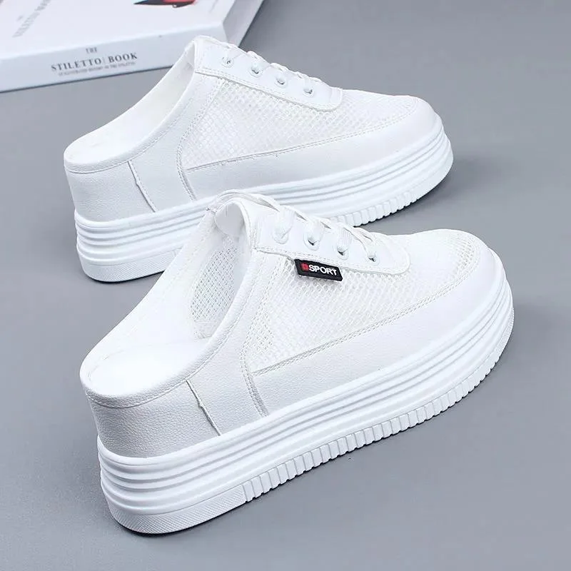 Half Slippers Women's Mesh Surface Hollowed Summer Versatile Student Bones Outdoor Breathable Closed Toe Mesh Casual Shoes White