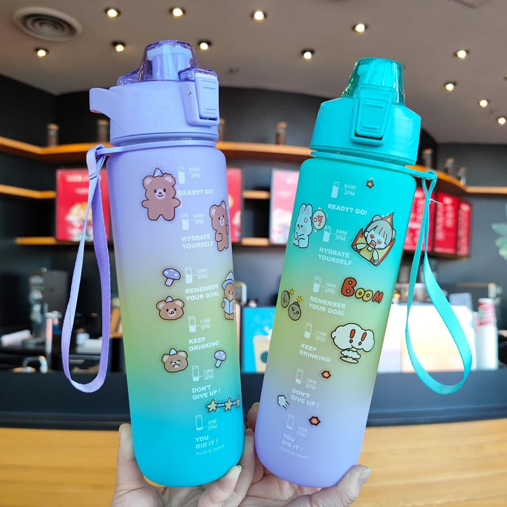 YCONTIME 1000ML Sports Water Bottle With Straw Plastic Portable