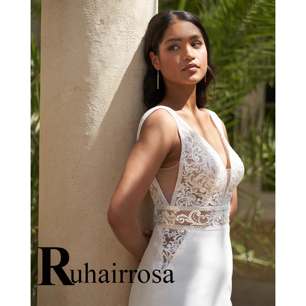 Wedding Dresses Ruhair Trendy Tank Deep V-Neck Sleeveless Trumpet Satin For Women Appliques Vestido De Casamento