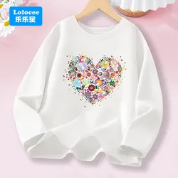 Girls' Colorful Floral Heart Pink Long Sleeve Cotton T - Shirt - Fashionable Daily Wear - 14T (White82447)