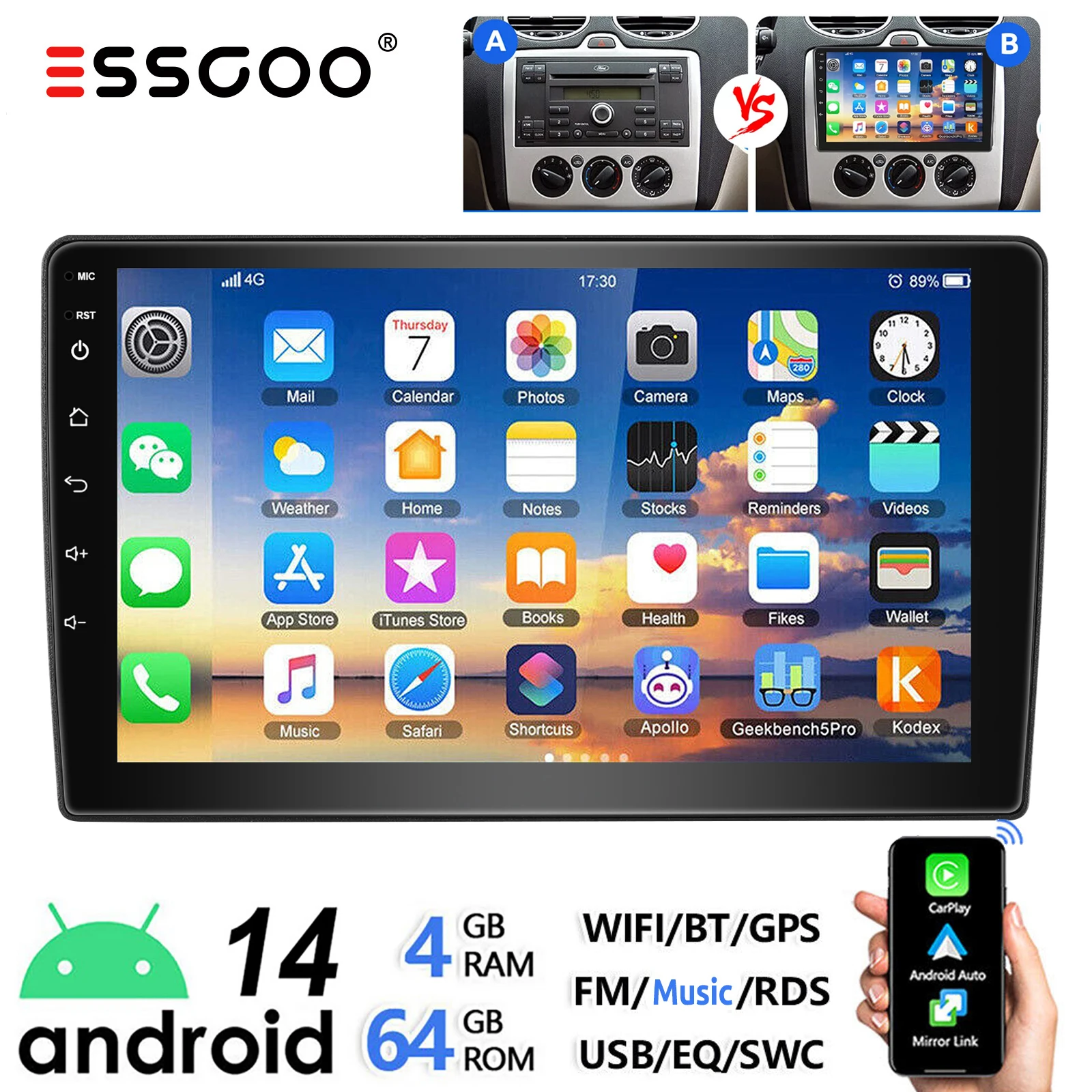 ESSGOO 9" Android 14 für Ford Transit Connect MK7 Focus Galaxy Fiesta C S Max Kuga Autoradio Wireless CarPlay Android Auto GPS Navi Wifi RDS USB EQ SWC Bluetooth Touchscreen 2 DIN