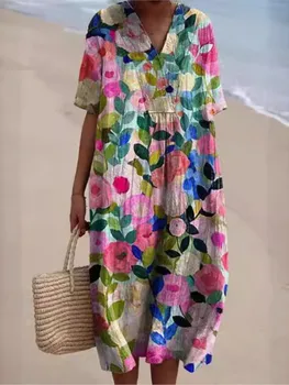 Summer Women Print Dress New Fashion V Neck Short Sleeve Loose Holiday Casual Dresses Female Beach Party Vestidos Robe Femme 1