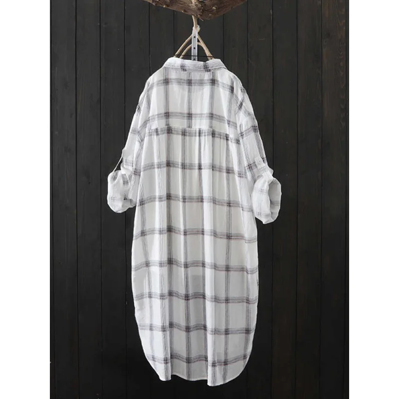 Korean Commuter Plaid Blouses Summer New Loose Sunscreen Clothing Women's Polo Neck Button Pockets Long Sleeve Mid-length Shirts