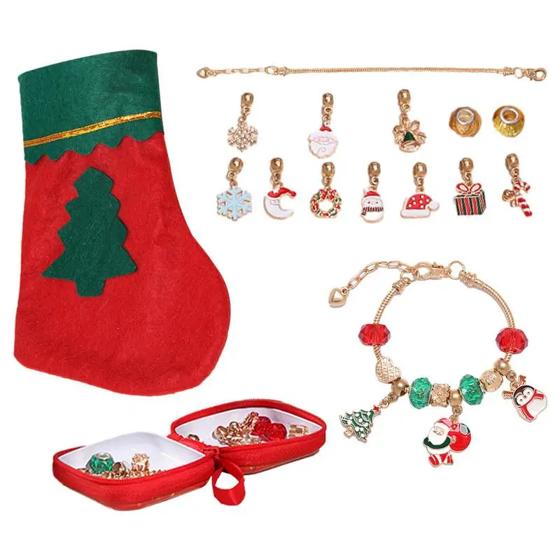 

Christmas Charm Bracelet Making Kit With Christmas Stocking Craft Kits 24 PCS Toddler Bracelet And Necklace Making Kit Christmas