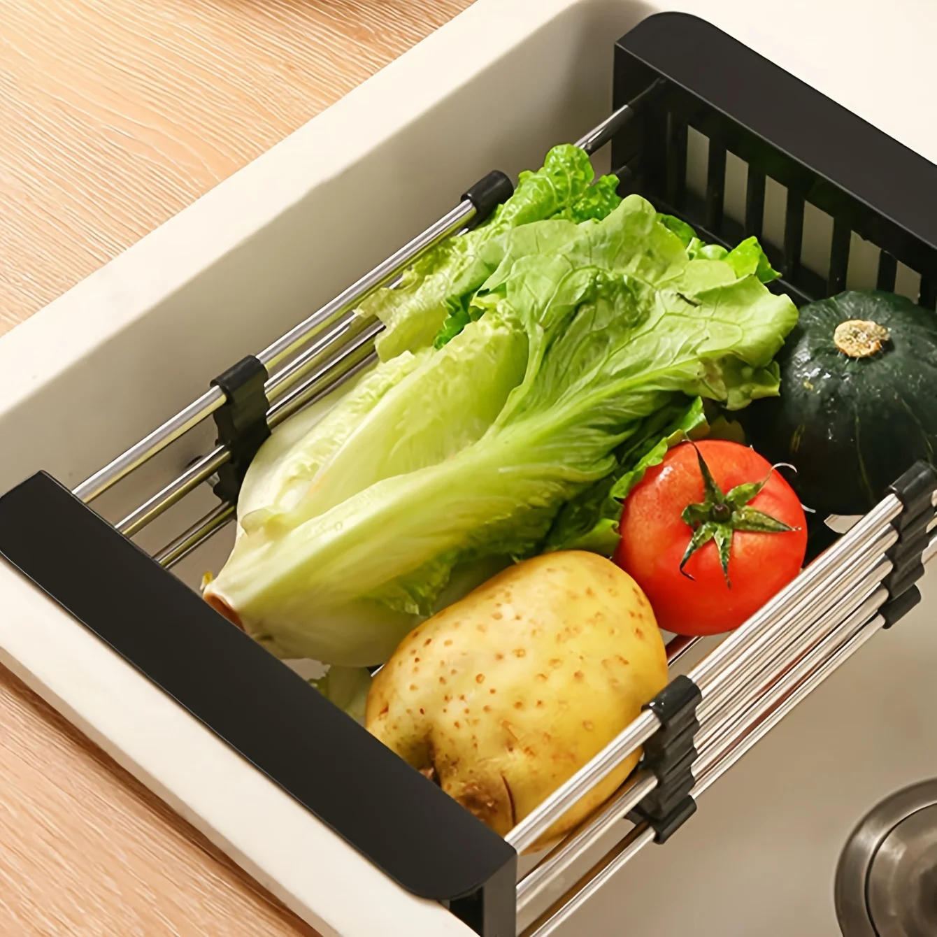 1pc Adjustable Dish Drainer Telescopic Over Sink Dish Drying Rack with  Fruit Vegetable Drain Basket Kitchen Tools and Utensils 3