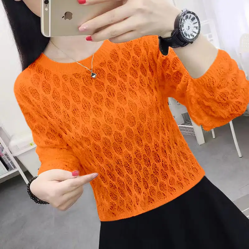 

Women's Spring and Autumn Hollow Knitted Sweater Thin Long Sleeve Jacket Korean Skinny Turtleneck Sweater