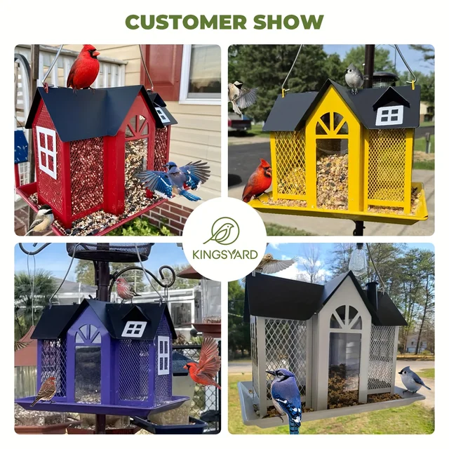 Bird Feeder House for Outside, Metal Mesh Wild Bird Feeder with Triple Feeders for Finch Cardinal Chickadee, Large Capacity 3
