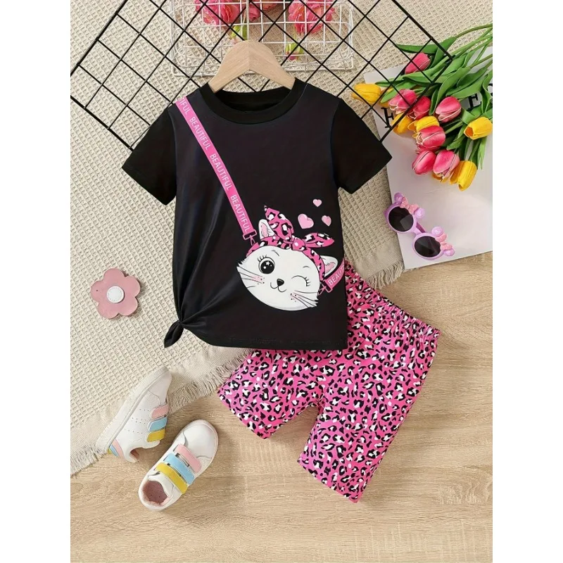 

Girls 2pcs Fashion Cartoon Kitten Bag Print Spring Autumn Loungewear, Sweet Pattern Comfy PJ Set, Kid's Cozy Sleepwear Outfit