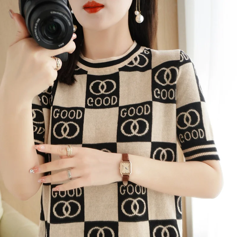 

New Summer Fashion 100% Pure Cotton Women T-shirt Short-sleeve Ladies O-neck Pullover Casual Splicing Color Knitted T-shirt Tops