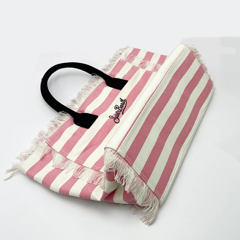 Women's European and American New Large Capacity Shoulder Bag Leisure Travel Stripe Plaid Handmade Tassel Handbag