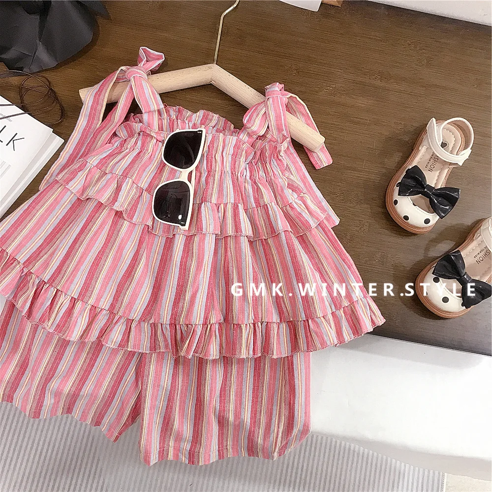 

Summer 2024 Young Children Girl 2PCS Clothes Set Muslin Straps Ruffle Slip Tees Loose Striped Wide Leg Pants Babys Girls Outfits